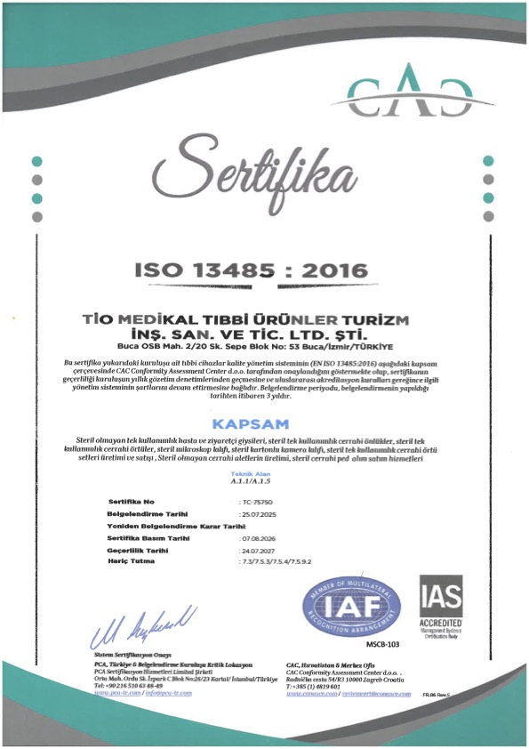 ISO 13485 sertifikası (taranmış belge)